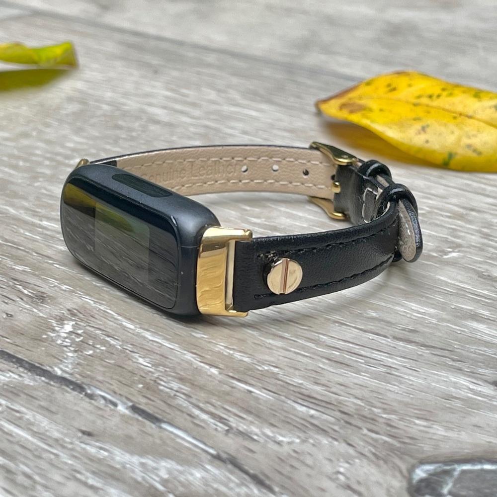 Leather Fitbit Inspire 3 Band: Slim Gold Accent Strap Bracelet, Adjustable Size